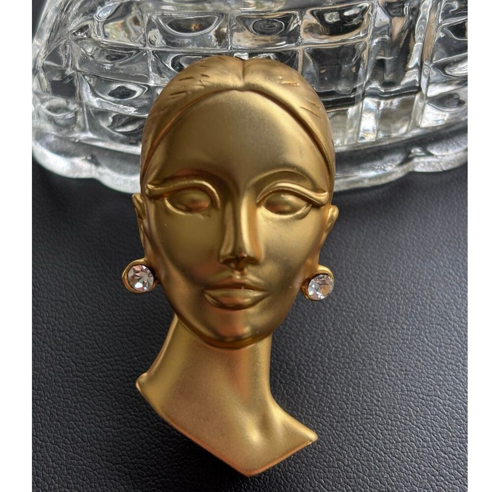 Women Lady Bust with Rhinestone Earrings 2000's Brooch
